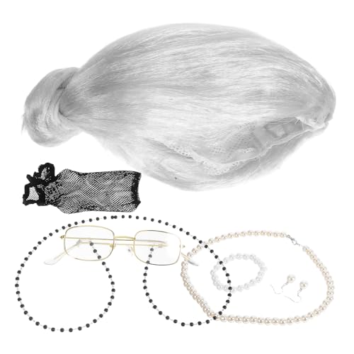 WRITWAA 1 Set Alte-Dame-Kostüm für Damen: Oma-Kostüm für Damen und Kinder, silbergraue Perücke, Brillenhalterkette, Halskette, Perückenkappe, Halloween, Cosplay, Verkleidungspartys und von WRITWAA