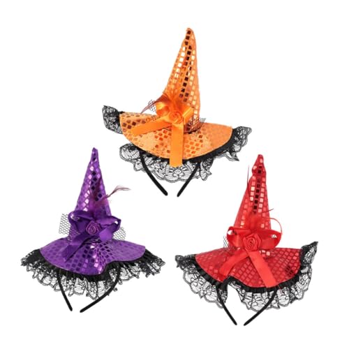 WRITWAA 3 Stück Halloween Hexenhut Haarreifen Teiliges mit Spitze und Pailletten Rot Orange Elastisch Bequem Bruchsicher Geeignet für Halloween Kostüm Bühnenauftritt und Karneval von WRITWAA