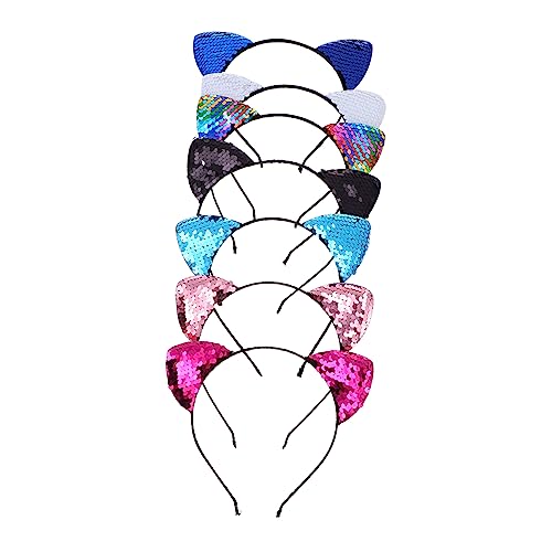 WRITWAA 7 Stück Teiliges Party Stirnband mit Katzenohren aus Pailletten Niedliche Haarschmuck Accessoires für Halloween Karneval Cosplay und Feste Zufällige Farbe von WRITWAA