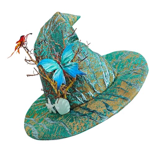 WRITWAA Halloween Hexenhut mit Schmetterlings-Design Grüner Zaubererhut Cosplay-Accessoire für Frauen Vielseitig für Halloween-Partys und Kostümfeste Passend für Drinnen und Draußen von WRITWAA