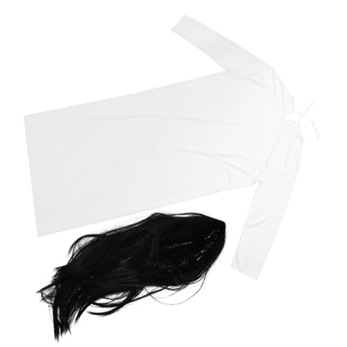 WRITWAA Halloween Kostüm Damen Horror Cosplay Set Weißes Kleid und Schwarze Perücke Gruselige Geisterverkleidung Haunted House Dress Up Props für Fasching und Mottoparty von WRITWAA
