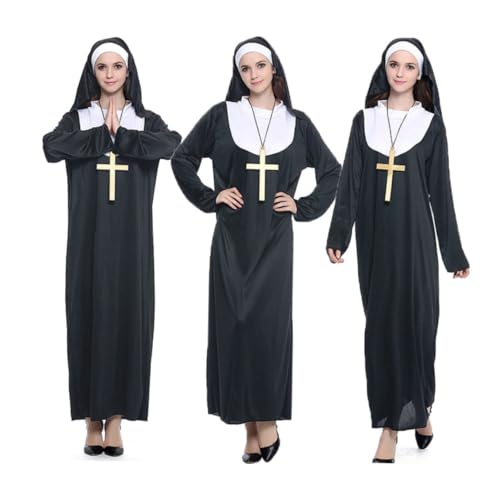 WRITWAA Halloween Nonnenkostüm Für Frauen Teiliges Cosplay Outfit Mit Big Gold Cross Gruselige Partys Verkleidungen Hochwertiges Material Einfach von WRITWAA