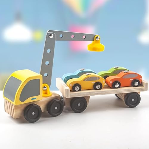 WRQIOO Autotransporter Holz mit 4 Magnet-Autos, Holzspielzeug Kranwagen, Abschleppwagen Spielzeug für Kinder ab 1, 2, 3, 4, 5 Jahren, Geschenk Jungen & Mädchen von WRQIOO