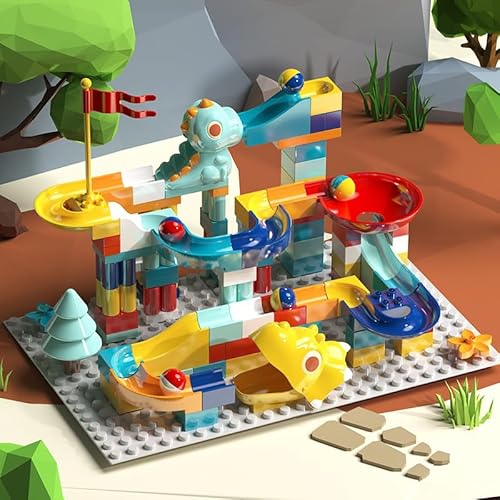 WRQIOO Murmelbahn Bausteine Dinosaurier, 3 In 1 Kugelbahn Set, 149-Teiliges Kugelbahnen, Marble Rush, Marble Run für Jungen Mädchen 3 4 5 6 7 Jahre von WRQIOO