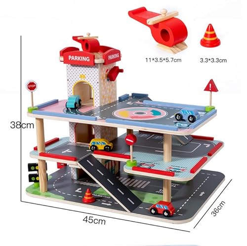 WRQIOO Parkhaus für Kinder, Parkgarage aus Holz, Kinder Parkhaus für Autos Holz, Holzgarage Auto Kinder mit 4 Autos & 1 Hubschrauber, 3-Stöckige Parkgarage mit Aufzug, 3 Verkehrsschilder von WRQIOO