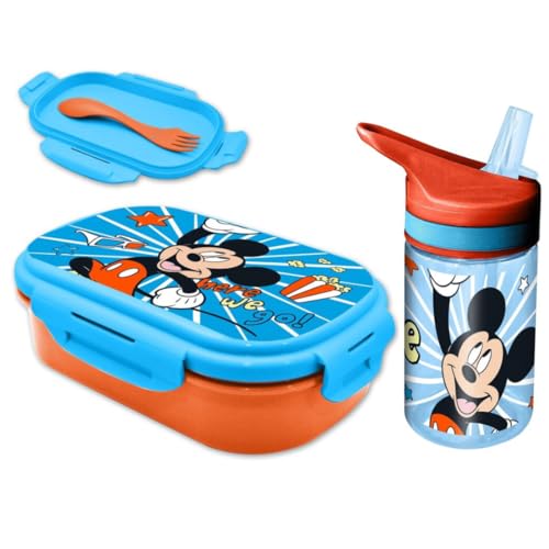 Disney Mickey Maus Kinder-Lunch-Set 3-teilig – Brotdose (21 x 14 x 6 cm) + Tritan-Trinkflasche 400 ml + Göffel – Offizielles Lizenzprodukt für Kindergarten & Schule von WS-Trend