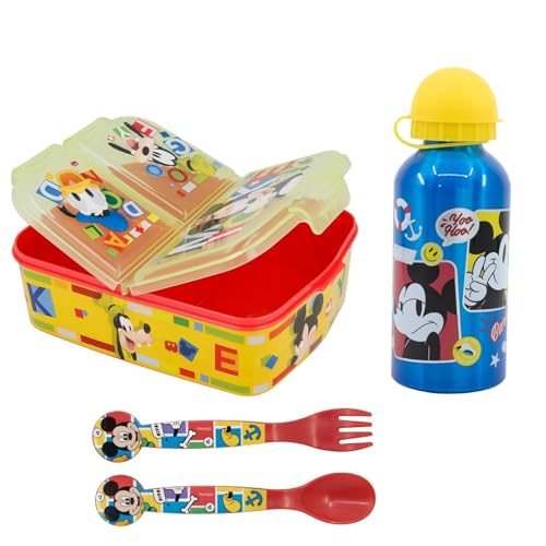 Disney Mickey Maus Kinder-Lunch-Set 4-teilig – Brotdose mit Trennfächern + Alu-Trinkflasche 400 ml + Löffel & Gabel – Offizielles Lizenzprodukt von WS-Trend