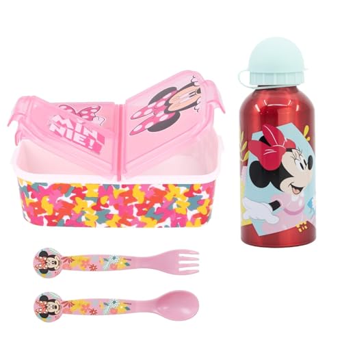 Disney Minnie Maus Kinder-Lunch-Set 4-teilig – Brotdose mit Trennfächern + Alu-Trinkflasche 400 ml + Löffel & Gabel – Offizielles Lizenzprodukt für Kindergarten & Schule von WS-Trend