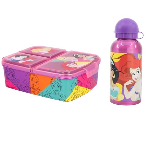 Disney Princess Kinder Lunch Set – 2-teilig mit Brotdose (3 Kammern) & Aluminium-Trinkflasche (400 ml) – Prinzessinnen-Design mit Arielle & Jasmin – Ideal für Schule & Kindergarten von WS-Trend