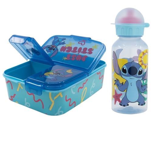 Disney Stitch Kinder-Lunch-Set 2-teilig – Brotdose mit 3 Kammern + Trinkflasche 370 ml – Offizielles Lizenzprodukt für Kindergarten, Schule & Ausflüge von WS-Trend