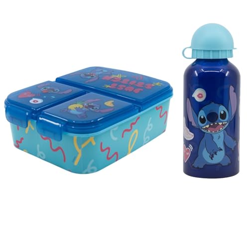Disney Stitch Kinder Lunch Set – 2-teilig mit Brotdose (3 Kammern) & Aluminium-Trinkflasche (400 ml) – Offizielles Lizenzprodukt – Ideal für Kindergarten, Schule & Ausflüge von WS-Trend