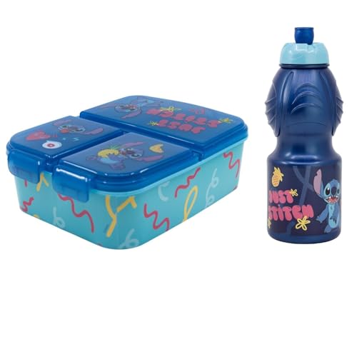 Disney Stitch Kinder Lunch Set – 2-teilig mit Brotdose (3 Kammern) & Trinkflasche (400 ml) – Offizielles Lizenzprodukt – Perfekt für Schule, Kindergarten & Ausflüge von WS-Trend