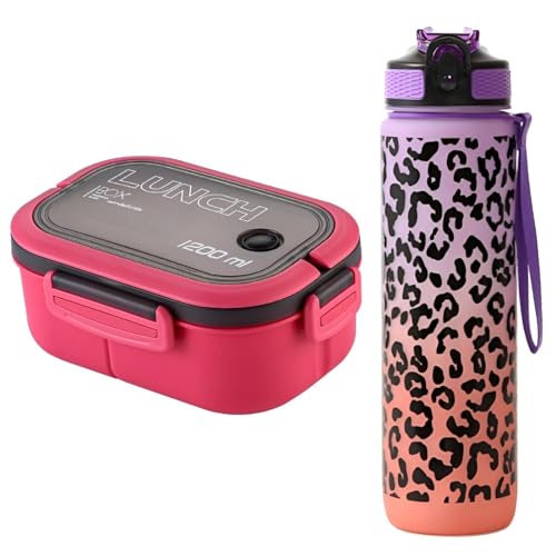 WS-Trend 4-TLG. Kinder-Lunch-Set „Panterka“ – Brotdose 1200 ml mit Besteck + XL-Trinkflasche 1000 ml – Fuchsia & Ombre-Panterka-Design – Auslaufsicher & BPA-frei von WS-Trend