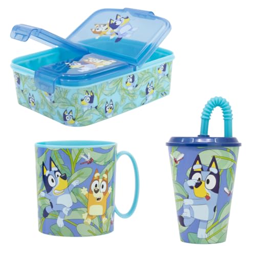 WS-Trend Bluey & Bingo Kinder Lunch Set – 3-teilig mit Brotdose (3 Kammern), Becher (350 ml) & Trinkhalmbecher (430 ml) – Offizielles Bluey Lizenzprodukt – Ideal für Schule, Kindergarten & Ausflüge von WS-Trend