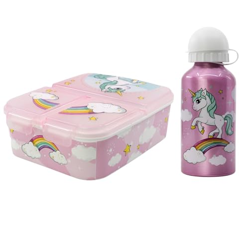 WS-Trend Einhorn Kinder Lunch Set – 2-teilig mit Brotdose (3 Kammern) & Aluminium-Trinkflasche (400 ml) – Rosa Unicorn Design – Ideal für Kindergarten, Schule & Ausflüge von WS-Trend