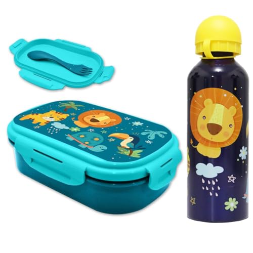 WS-Trend Jungle Friends 3-teiliges Kinder Lunch Set Brotdose, Alu-Trinkflasche 500 ml & Göffel, Farbe: Blau WS-Trend Jungle Friends 3-teiliges Kinder Lunch Set Brotdose, Alu-Trinkflasche 500 ml & Göffel, Farbe: Blau von WS-Trend