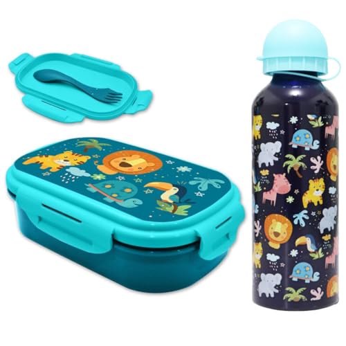 WS-Trend Jungle Friends 3-teiliges Kinder Lunch Set Brotdose, Alu-Trinkflasche 500 ml & Göffel, Farbe: Bunt WS-Trend Jungle Friends 3-teiliges Kinder Lunch Set Brotdose, Alu-Trinkflasche 500 ml & Göffel, Farbe: Bunt von WS-Trend