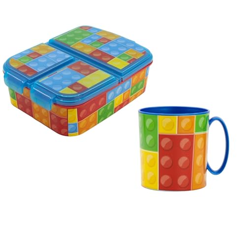 WS-Trend Klemmbausteine Kinder Lunch Set – 2-teilig mit Brotdose (3 Kammern) & Becher (350 ml) – Bunte Baustein-Optik – Ideal für Kindergarten, Schule & Ausflüge von WS-Trend