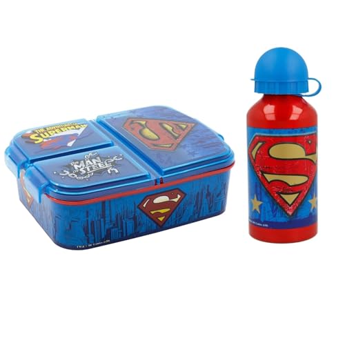 WS-Trend Superman Kinder Lunch Set – 2-teilig mit Brotdose (3 Kammern) & Aluminium-Trinkflasche (400 ml) – Offizielles Superman Lizenzprodukt – Ideal für Kindergarten, Schule & Ausflüge von WS-Trend