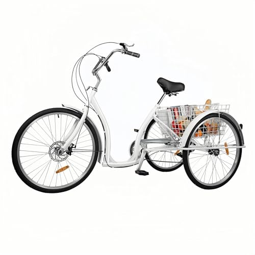 26 Zoll 3 Räder Dreirad für Erwachsene Fahrrad aus Kohlenstoffstahl mit Einkaufskorb, Upgrade Seniorenfahrrad mit Doppelten Bremsen Vorne und Hinten, Fahrrad mit Hoher Stabilität (Weiß) von WSIKGHU