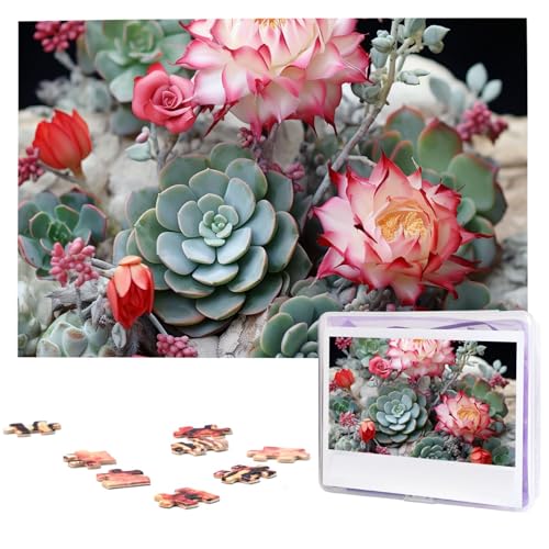 Kakteen Sukkulenten rote Blume Bonsai Puzzles 1000 Teile Holzpuzzle Personalisiertes Fotopuzzle für Erwachsene Freunde Bilderpuzzle Geschenke für Hochzeit Geburtstag Valentinstag Heimdekoration von WSOIHFEC