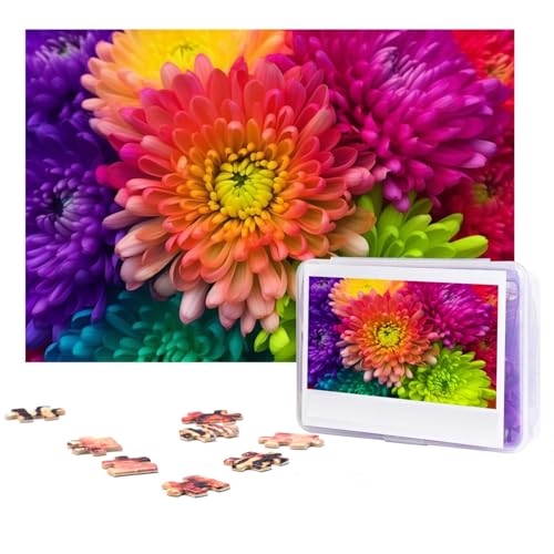 Schöne Regenbogenblumen-Chrysanthemen-Puzzles, 300 Teile, Holz-Puzzle, personalisiertes Fotopuzzle für Erwachsene, Freunde, Bilderpuzzle, Geschenke für Hochzeit, Geburtstag, Valentinstag, von WSOIHFEC
