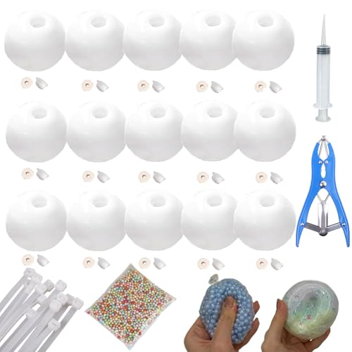 15 Teiliges Stressball-Bastelset, Stressball-Haut, DIY Vakuum-Quetschbälle mit Deckel und Luftpumpe und Expander-Werkzeug für Sinneswahrnehmung und Stressabbau (4cm,Milky White) von WTKYLMP