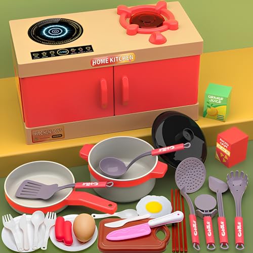 Kinderküche Zubehör, 33 Stück Spielküche Zubehör, Matschküche Spielküche Zubehör Lebensmittel Kochset, Kochgeschirr, Topfset für Rollenspiele,Gemüse, Spielküche Outdoor Mädchen und Jungen, Rot von WTZWYFWJ