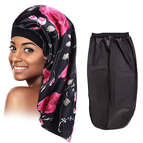 WUERKIYA 2 Stück Schlafmütze Lange Satin Bonnet Seidenhaube zum Schlafen Nacht Schlaf Mütze Verstellbare Seidenhaube Schlafkappe Kopfbedeckung Gummizug für Damen und Mädchen (Schwarz, Blume) von WUERKIYA