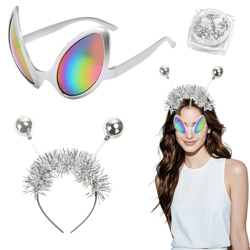 WUERKIYA Alien Haarreif Set – Silberner Haarreif mit glänzenden Antennen, holografische Glitzerflocken, silberne Gläser, perfekt für Karneval, Kostümpartys und Halloween WUERKIYA Alien Haarreif Set – Silberner Haarreif mit glänzenden Antennen, holografische Glitzerflocken, silberne Gläser, perfekt für Karneval, Kostümpartys und Halloween von WUERKIYA