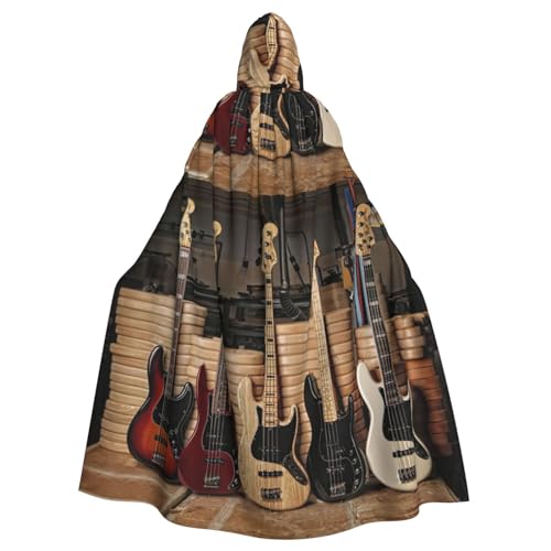Faschings-Umhang für Damen und Herren, voller Länge, mit Kapuze, Cosplay-Kostüm, Umhang, 185 cm, Gitarre, Bass, Musikinstrumente von WURTON