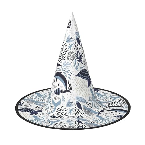 Turtle Octopus Pattern Ocean Theme Print Foldable Pointed Adult Witches Hats Wizard Halloween Cosplay Accessories For Women von WURTON