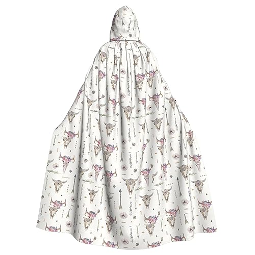 WURTON Ribal Bullenschädel auf weißem mystischem Kapuzenumhang für Damen und Herren, ideal für Halloween, Cosplay und Karneval, 185 cm von WURTON