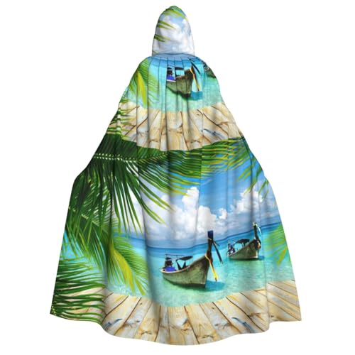 WURTON Seaside Boat Coconut Leaves Print Unisex Adult Hooded Cloak Halloween Christmas Cosplay Party Large Cape For Women Men von WURTON