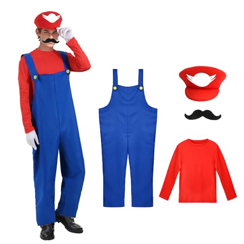 WVWMYM Mario Kostüm Erwachsene, Klempner Karneval Kostüm Herren mit Bodysuit, Mario Kostüm Herren Damen, Mario Mütze und Schnurrbart, Karneval Cosplay Faschingskostüme Männer für Herren Damen (XXL) von WVWMYM