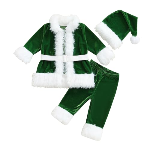WWAYBEI Weihnachtsmann-Kostüm für Kinder, Kleinkind, Baby, Mädchen, mit Gürtel, Jacke, Mantel, lange Hose, Weihnachtsmütze, 3-teilig, für Cosplay, Winterkleidung (grün, 1–2 Jahre) von WWAYBEI
