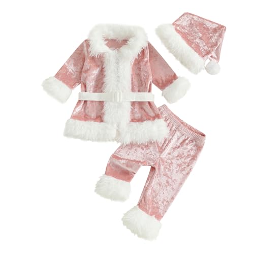 WWAYBEI Weihnachtsmann-Kostüme für Kinder, Kleinkind, Baby, Mädchen, mit Gürtel, Jacke, Mantel, lange Hose, Weihnachtsmütze, 3-teilig, für Cosplay, Winterkleidung (Rosa, 2–3 Jahre) von WWAYBEI