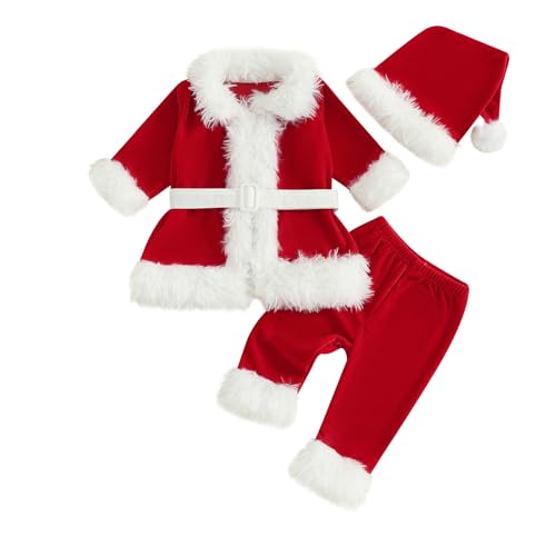 WWAYBEI Weihnachtsmann-Kostüme für Kinder, Kleinkind, Baby, Mädchen, mit Gürtel, Jacke, Mantel, lange Hose, Weihnachtsmütze, 3-teilig, für Cosplay, Winterkleidung (rot, 4–5 Jahre) von WWAYBEI