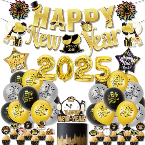 Silvester Deko 2025, Schwarz Gold Neujahr Deko 2025，Happy New Year Deko XXL 2025 (32-ZOLL) Folienballons, Banner, Silvester Accessoires.(Schwarz Gold) von WWISTOA