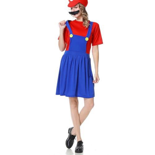 WWQQYY Cosplay Kostüm, Super Brothers Cosplay Kostüm, Halloween Carnival Cosplay Kostüm, mit Bodysuit, Hut und Schnurrbart Cosplay Kostüm für Herren Damen Junge Mädchen, Damen Rot, M von WWQQYY