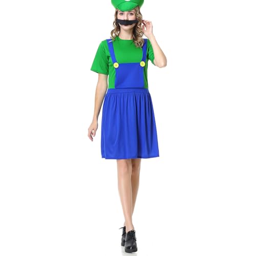 WWQQYY Cosplay Kostüm, Super Brothers Cosplay Kostüm, Halloween Carnival Cosplay Kostüm, mit Bodysuit, Hut und Schnurrbart Cosplay Kostüm für Herren Damen Junge Mädchen, Damen Grün, XL von WWQQYY