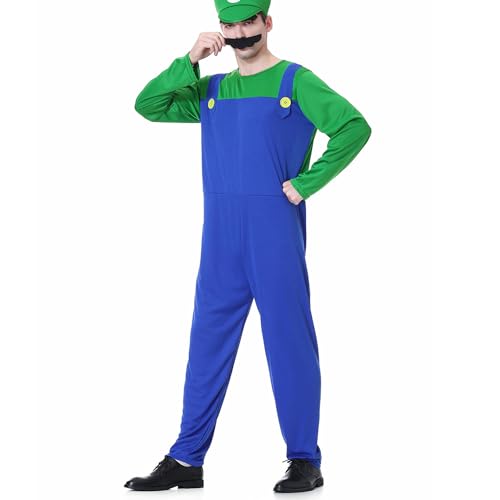 WWQQYY Cosplay Kostüm, Super Brothers Cosplay Kostüm, Halloween Carnival Cosplay Kostüm, mit Bodysuit, Hut und Schnurrbart Cosplay Kostüm für Herren Damen Junge Mädchen, Herren Grün, S von WWQQYY