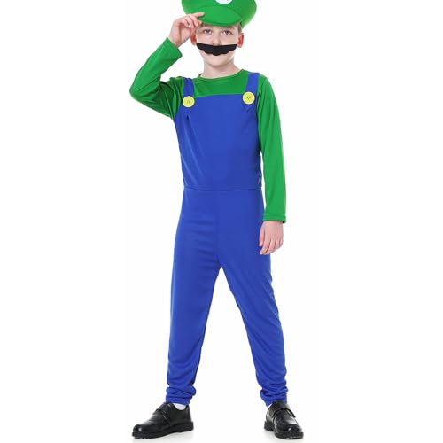 WWQQYY Cosplay Kostüm, Super Brothers Cosplay Kostüm, Halloween Carnival Cosplay Kostüm, mit Bodysuit, Hut und Schnurrbart Cosplay Kostüm für Herren Damen Junge Mädchen, Jungen Grün, S von WWQQYY