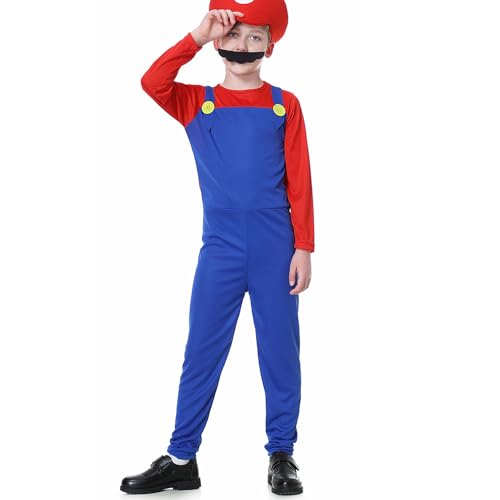 WWQQYY Cosplay Kostüm, Super Brothers Cosplay Kostüm, Halloween Carnival Cosplay Kostüm, mit Bodysuit, Hut und Schnurrbart Cosplay Kostüm für Herren Damen Junge Mädchen, Jungen Rot, L von WWQQYY