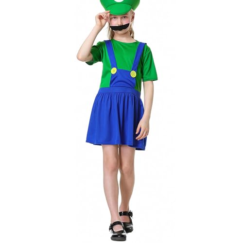 WWQQYY Cosplay Kostüm, Super Brothers Cosplay Kostüm, Halloween Carnival Cosplay Kostüm, mit Bodysuit, Hut und Schnurrbart Cosplay Kostüm für Herren Damen Junge Mädchen, Mädchen Grün, M von WWQQYY