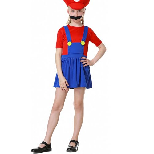 WWQQYY Cosplay Kostüm, Super Brothers Cosplay Kostüm, Halloween Carnival Cosplay Kostüm, mit Bodysuit, Hut und Schnurrbart Cosplay Kostüm für Herren Damen Junge Mädchen, Mädchen Rot, XL von WWQQYY