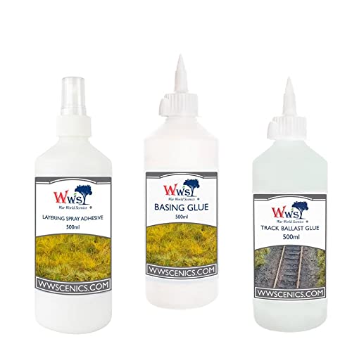 War World Scenics Modellbau Klebstoffe Set 3 x 500ml - Kleber Basen Sprüh Schotter Leim Streugras Modellbahn Modell Diorama Landschaftsbau Basing von WWS War World Scenics