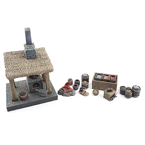 War World Gaming Fantasy Village Schmiede und Marktständen Set - 28mm Fantasie Tabletop Gelände Modell Diorama Modellbau Landschaft Gebäude Wargaming Geländebau Haus Mittelälter von War World Gaming