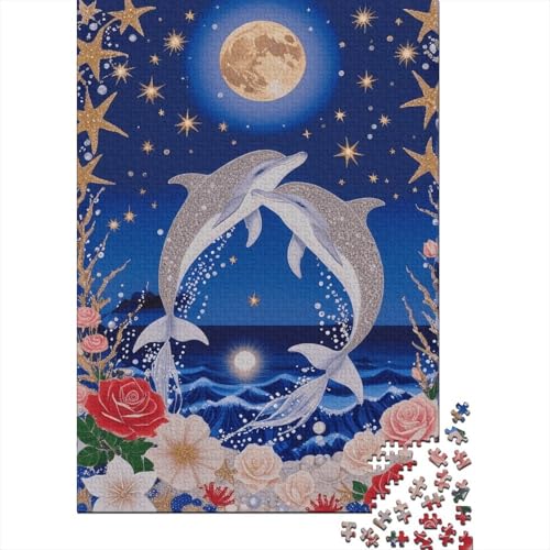 1000 Teile Delfin Puzzle Für Erwachsene Und Kinder Holzpuzzle Pädagogisches Spiel Glänzender-Delfin-Rose Puzzles Wohndekoration Unique Gift 1000pcs (75x50cm) von WXLWHR