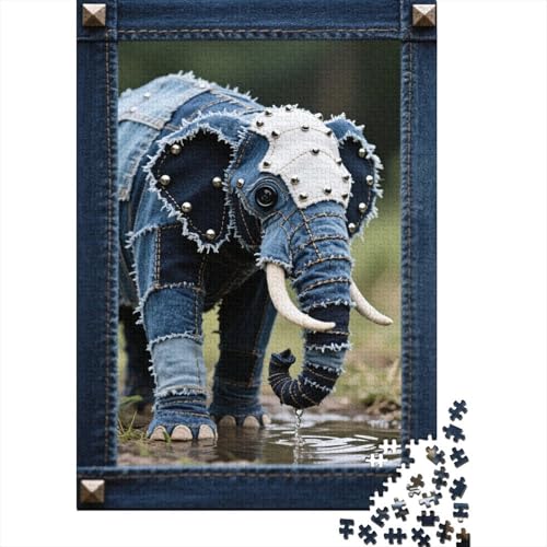 1000 Teile Elefant Puzzle Für Erwachsene Und Kinder Holzpuzzle Geduldspiel Elefanten-Jeans-Patch-Visual Puzzle Wohndekoration Unique Gift 1000pcs (75x50cm) von WXLWHR